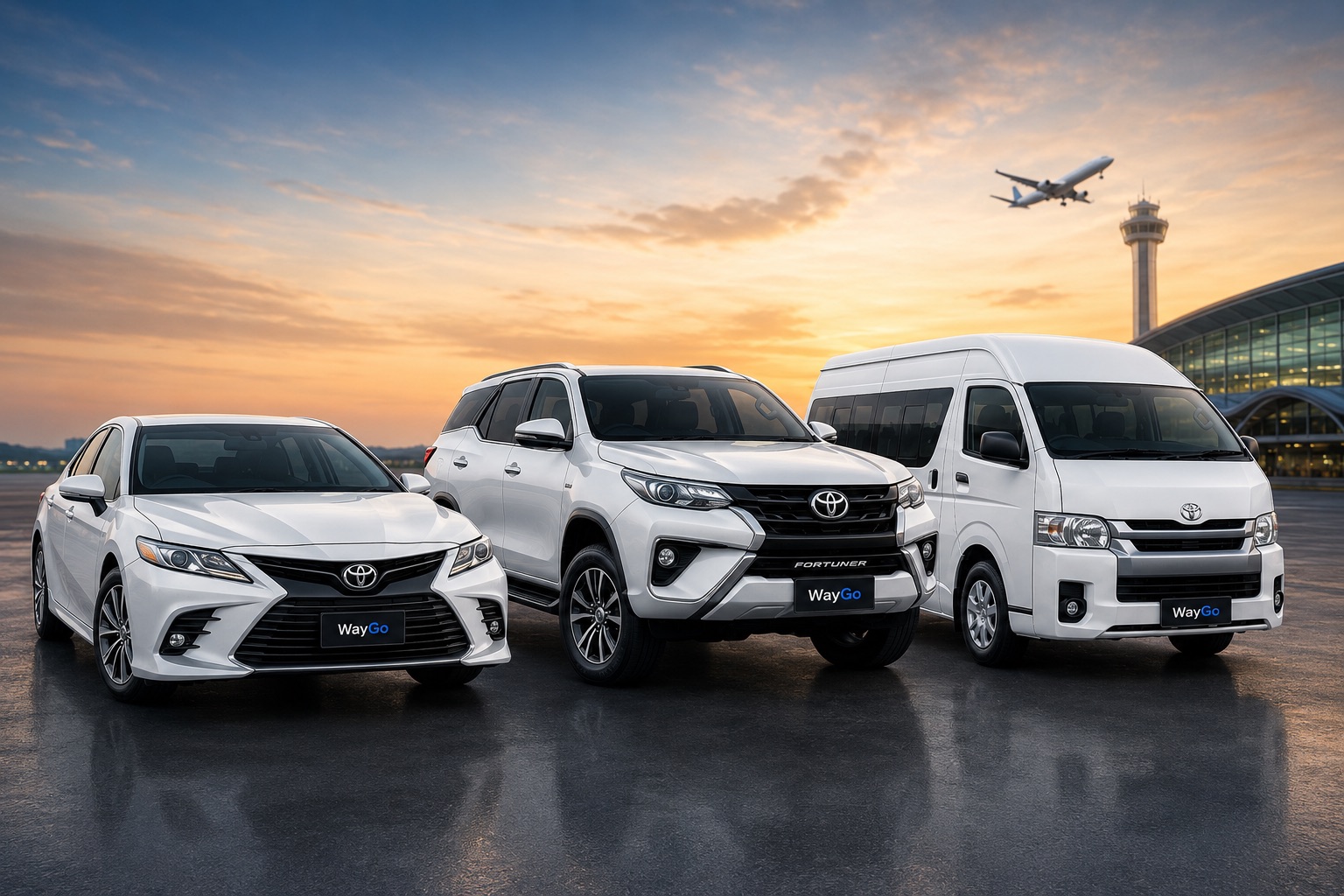 The WayGo Thailand fleet lined up outside the airport terminal at sunset — sedan, SUV and VIP van