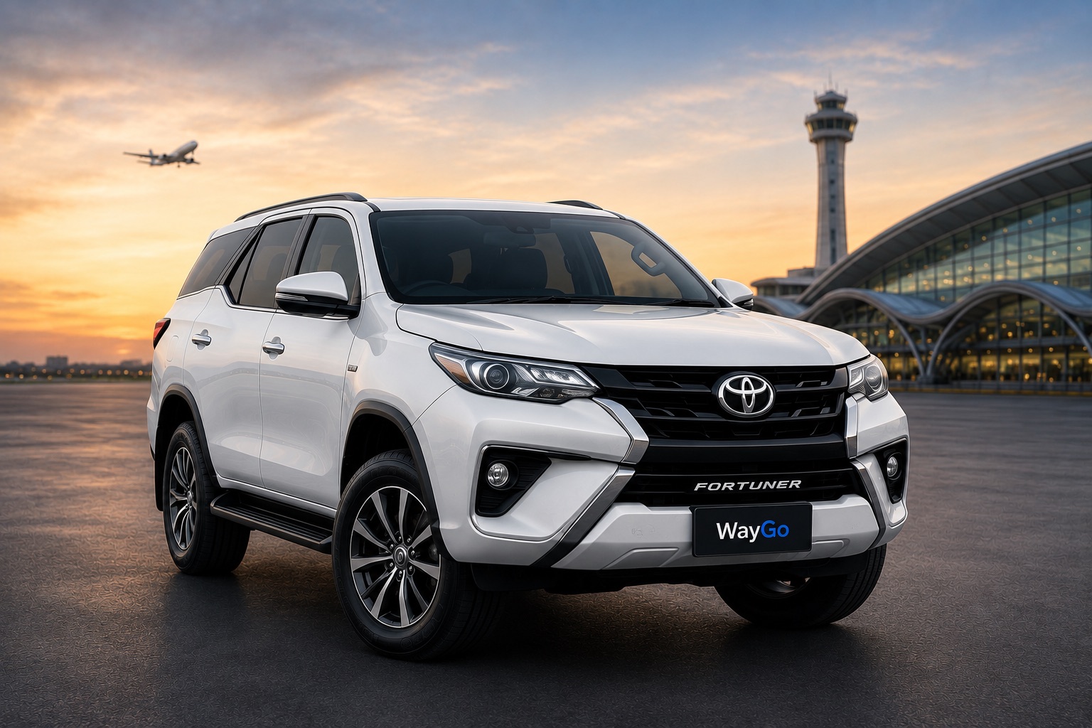 WayGo Thailand private transfer SUV — white seven-seat SUV on the airport apron at sunset