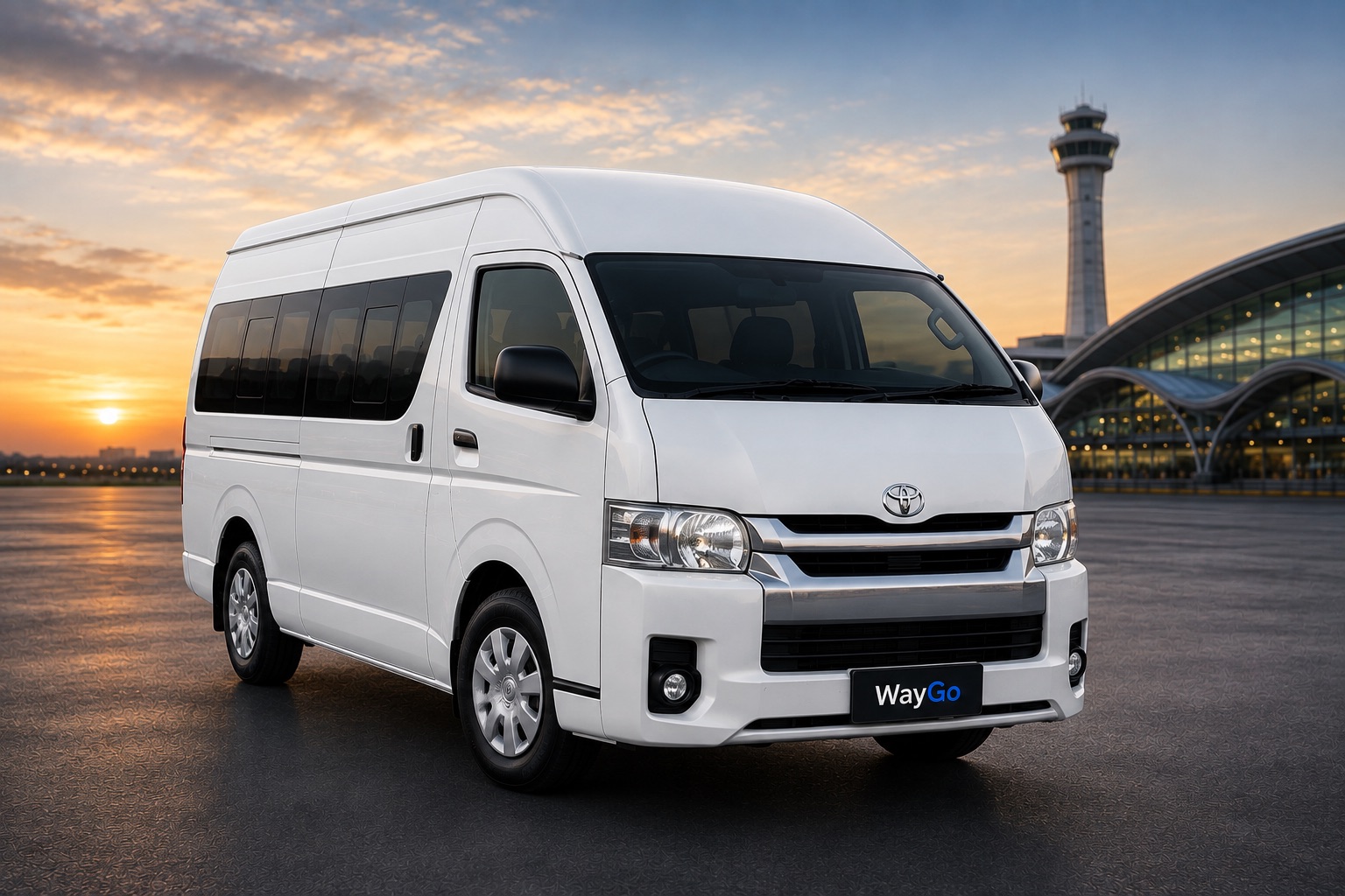 WayGo Thailand VIP van — white high-roof passenger van outside the airport terminal at sunset